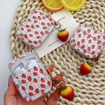1 件可爱草莓 + 草莓吊饰耳机盒适用于 耳机，1/2 耳机保护盒，新款无线耳机盒适用于 3/4/Pro/Pro2，男朋友/女朋友礼物