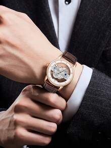 TOMI 1pc Boxed Men's Fashion Hollow Gear Rhinestone Leather Belt Quartz Watch, Suitable For Daily Life, Festivals, Gifts, Birthday, Christmas, New Year - Brown - View 4