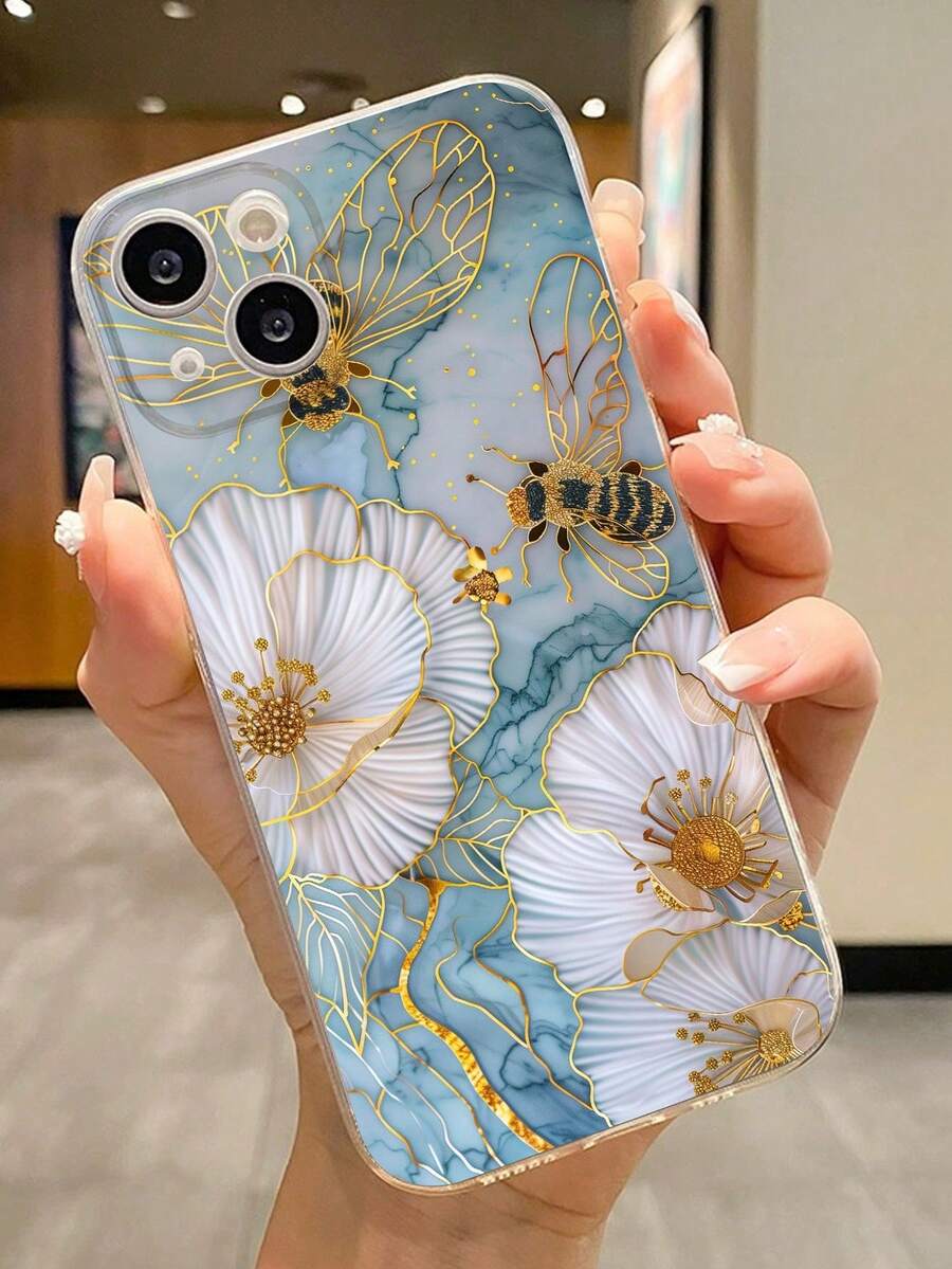 蓝色花朵与蜜蜂彩绘透明简约时尚防摔手机壳防水防震防刮 - 彩色 - 查看 1