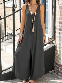 Salopetă pentru femei mărime mare, cu decolteu în V și tiv asimetric - Gri inchis - Vizualizare 4