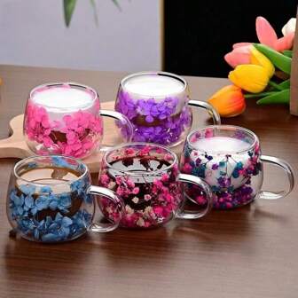 1pc Real Flower Dual-Layer Glass Cup, Gifting Coffee Mug, Borosilicate Simple Design