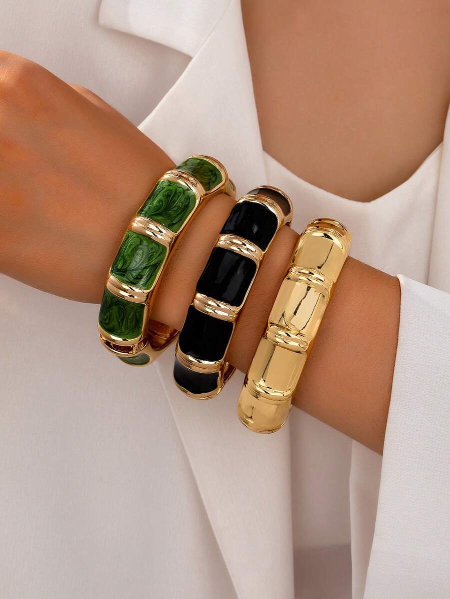 1 Set Minimalist Chic European Style Metallic Smooth & Hammered Texture Zinc Alloy Bangle Bracelet, Suitable For Women's Daily Wear - Yellow Gold - View 1