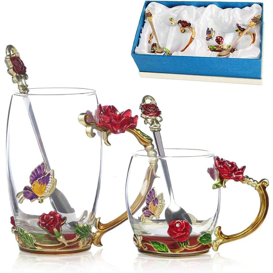 Tea Cup Glass Coffee Mugs,Fancy Tea Cup Set Birthday Christmas Valentine's Day Gift Idea For Tea Lover And Women Novelty Coffee Mugs Rose Flower Enamel Tea Cup Glass Mug With Spoon Set - 紅色 - 查看 1