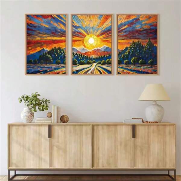 3 piezas de carteles con impresión de paisaje natural abstracto, montaña, sol y bosque, sin marco, en estilo bohemio, para decorar la pared de la sala de estar, dormitorio, comedor, estudio o cafetería
