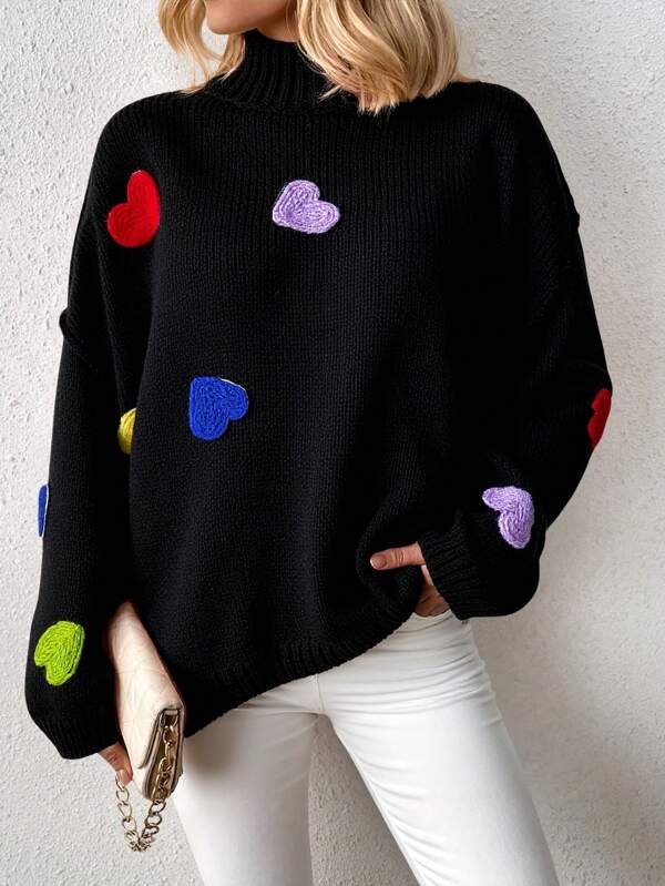 Lady's Elegant High-Neck Sweater, Featuring Heart-Shaped Crochet Patterns And Various Colorful Hearts, A Soft Long-Sleeved Comfortable Sweater, Suitable For Autumn And Winter Casual Wear. Black Winter Sweater With Heart Patterns (Halloween Party)