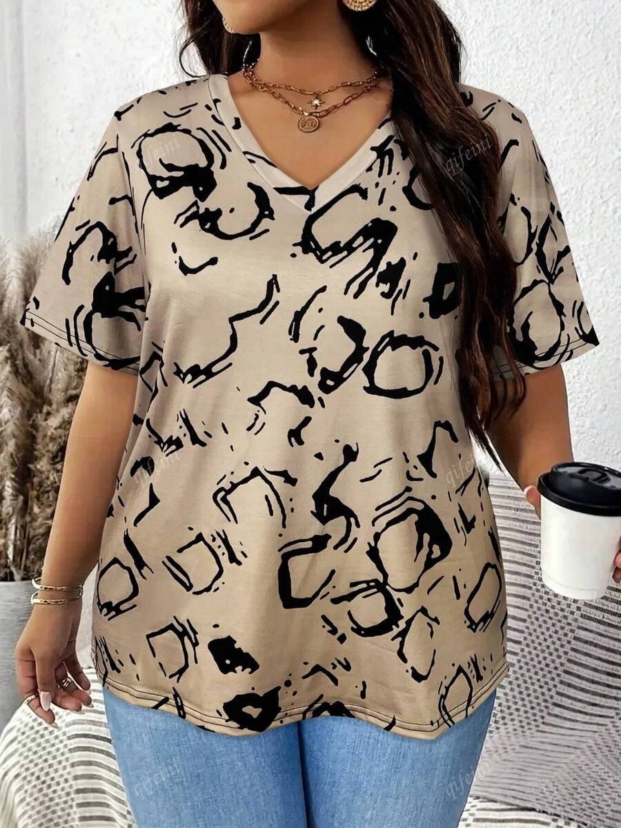 Plus Size Women V-Neck Casual Short Sleeve Graphic T-Shirt