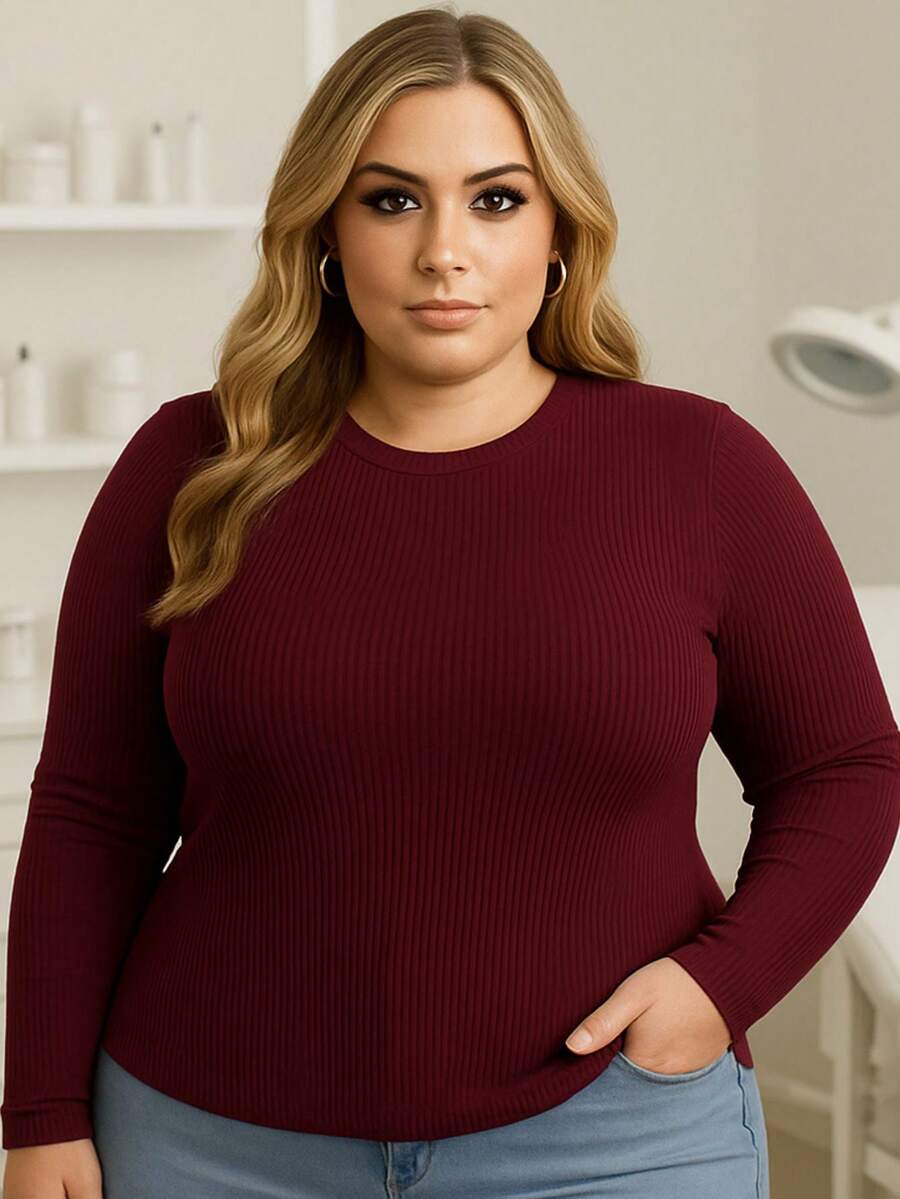 Plus Size T-Shirt Long Sleeve Ribbed Blouse Autumn Winter Moms Cold Versatile Comfortable Casual Style - 酒紅色 - 查看 1