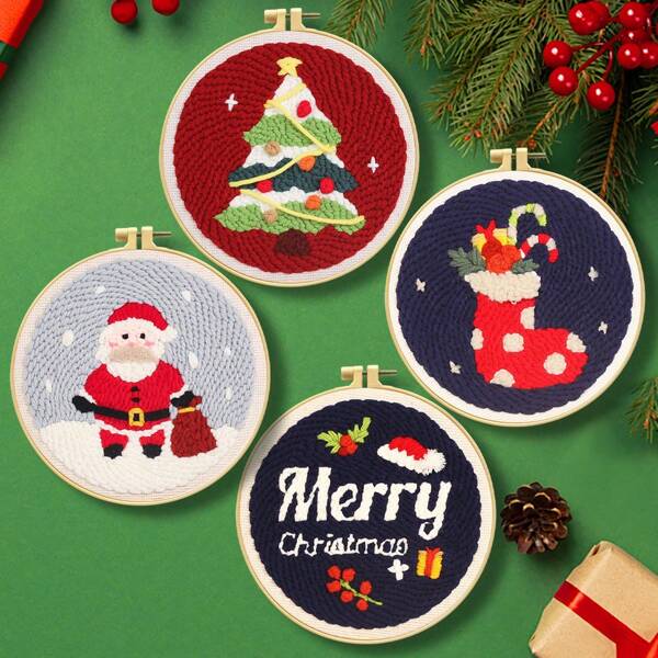 [Christmas Limited] Punch Needle DIY Kit - Santa Claus + Embroidery Hoop + Punch Needle Full Set, Includes Colorful Threads, Punch Needle, Greeting Card, Holiday Decoration Handmade Gift