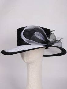 HIMESPORT Sombreros de boda para mujer verano 2025 - Bombín vintage con ribete de cinta de encaje, sombrero de cúpula elegante de ala ancha para el té, la iglesia y los accesorios nupciales, diseño de copa plana ajustable negro/blanco