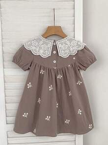 女童夏季短袖蕾丝公主裙，小女孩可爱休闲太阳裙 - 灰色 - 查看 3