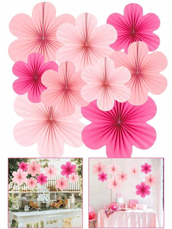 9 piezas- Decoraciones de papel, Set de 9 - Decoraciones colgantes de flores rosas, abanicos de fiesta y fondos florales para bodas, cumpleaños, decoración interior de sala de estar y dormitorio