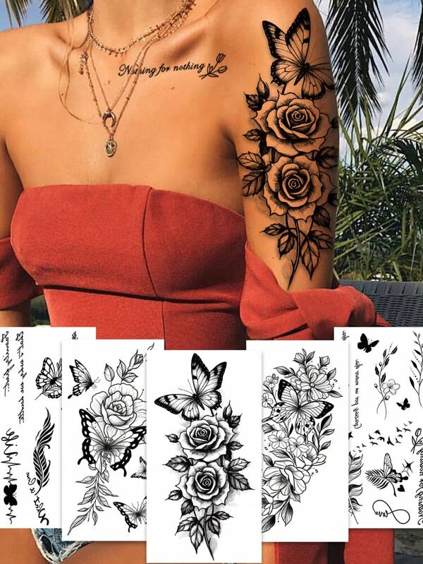 5 Pcs Black Body Art Temporary Tattoos, Waterproof, Sweatproof, Safe Unique Designs Like Black Butterflies, Colorful Flowers, Small Leaves - Perfect For Festivals