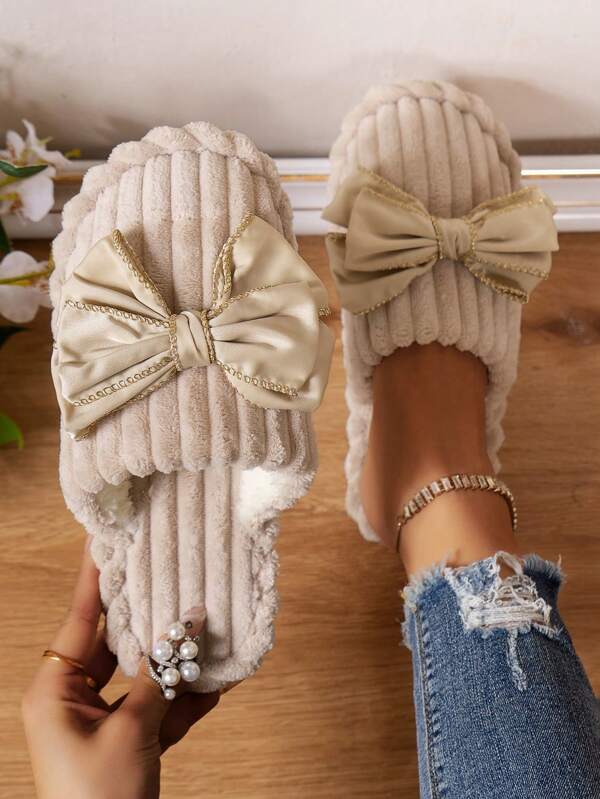 Cute Bohemian Bowknot Indoor/Outdoor Ladies Slippers, Fashionable Silent Fluffy Slip-On Slippers