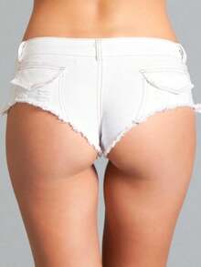 Low Rise Frayed Denim Micro Shorts – Stretch Fit – Distressed Edge – Zipper Closure – Summer Streetwear Staple - White - View 3