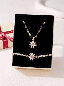 2 Stücke geometrisches Kreis-Glieder-Zirkonia Armband und Halskette Set, elegantes Schmuckgeschenkset mit Box, Brautgeschenk, Liebesgeschenk, Muttertagsgeschenk, Weihnachtsgeschenkbox, Geburtstagsgeschenk