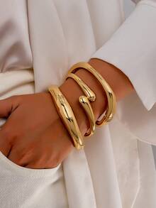 3 件/1 套时尚简约金属金色光滑波浪双层线镂空水滴手镯套装女士 - 金黃色 - 查看 15