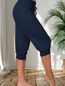 Womens Loose Capri Yoga Pants With Drawstring And Pockets Casual Lounge Joggers For Summer - Màu xanh hải quân - Xem 2