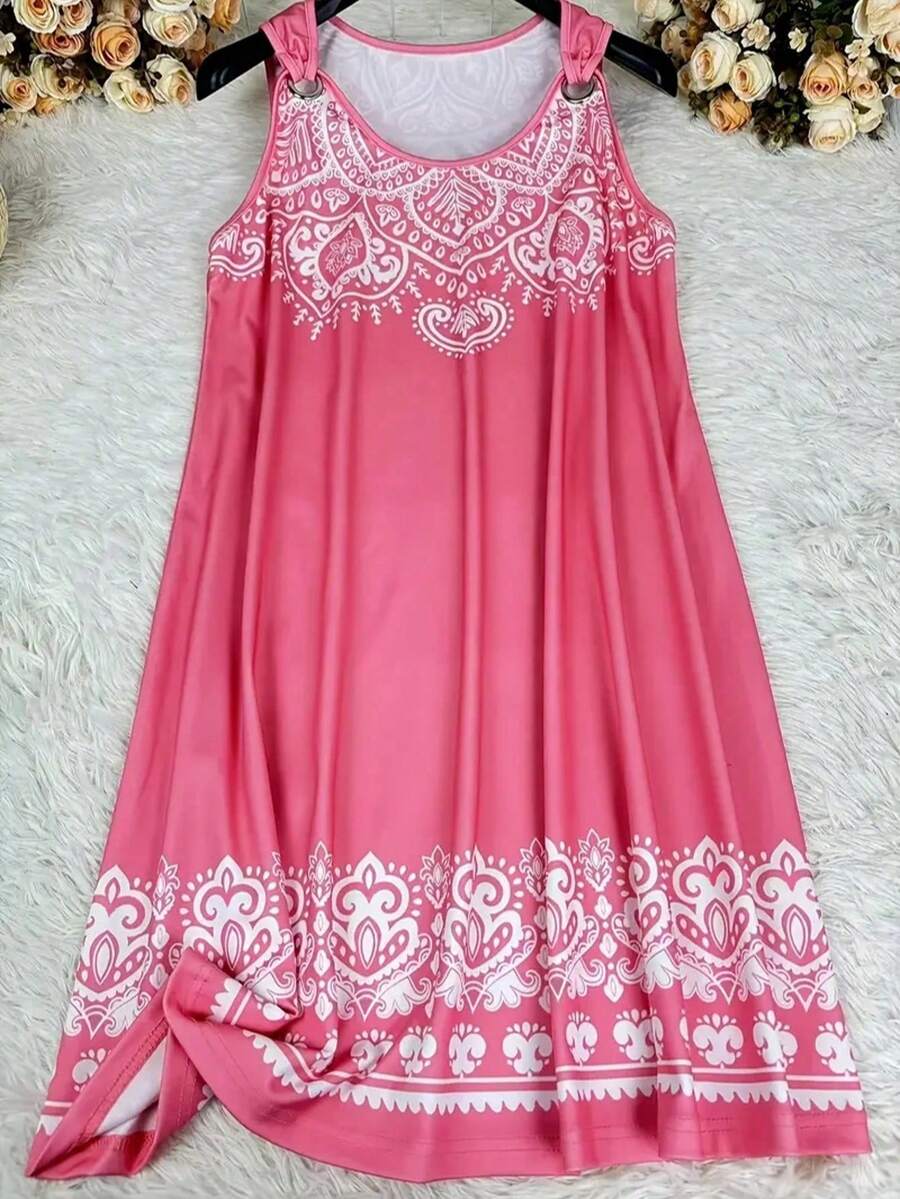 Đầm trễ vai cỡ lớn với chi tiết khung tròn - Chất liệu pha polyester và elastane, có thể giặt máy - Hoàn hảo cho mùa xuân/hè, kiểu dáng thường ngày, màu hồng thanh lịch. - Hồng - Xem 1