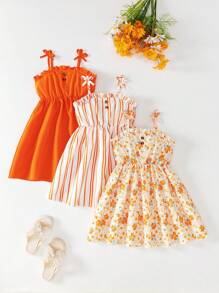 3 Pieces Set Girls Sleeveless Dress, Solid Color, Stripe, And Print Designs, Casual And Fashion Princess Dresses For Summer