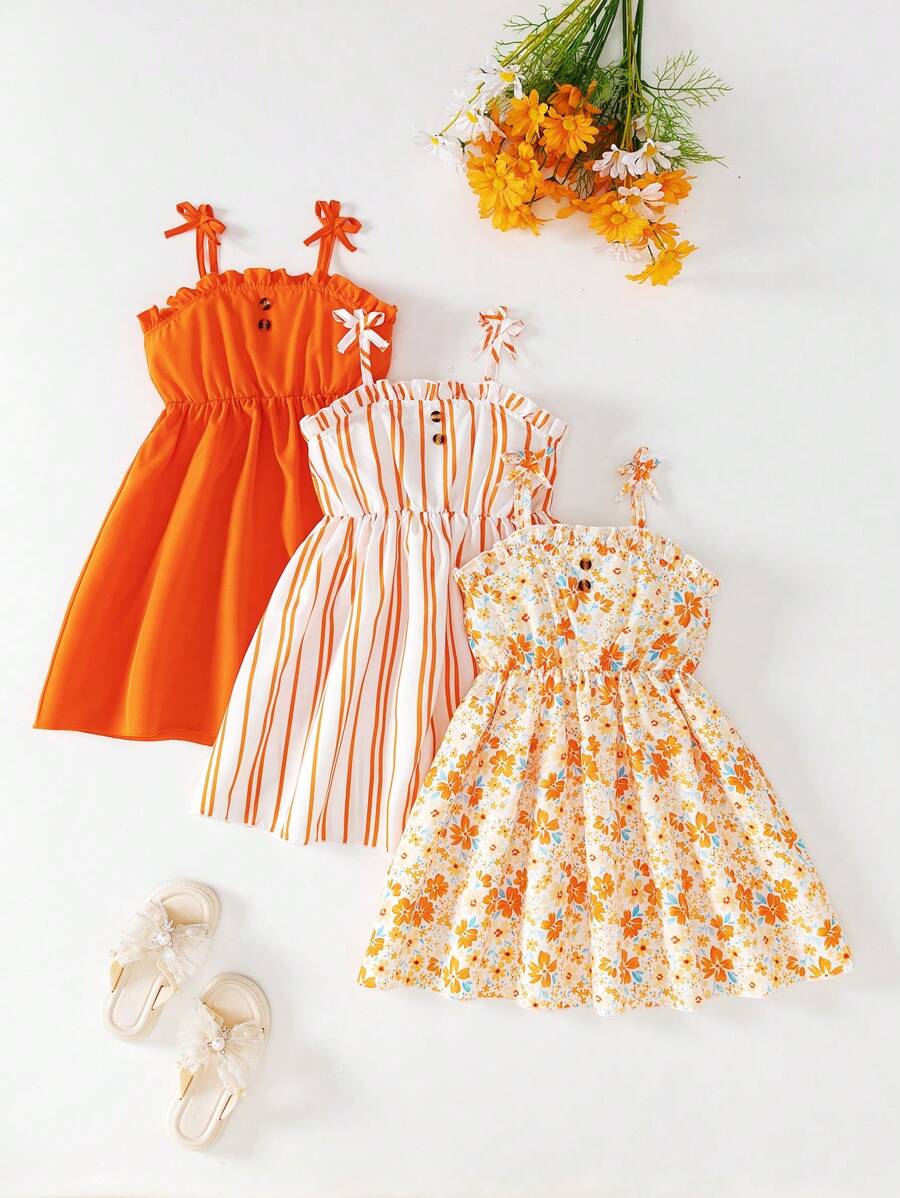 3 Pieces Set Girls Sleeveless Dress, Solid Color, Stripe, And Print Designs, Casual And Fashion Princess Dresses For Summer