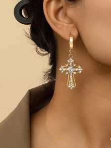 Nooxian 1 Pair Ascension Day Copper Cubic Zirconia Cross Earrings For Women, Versatile Daily Wear Accessory - Yellow Gold - View 1