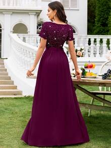 MIUSOL Deep V-Neck Contrast Sequin Lace Ruffle Trim Chiffon Formal Party Maxi Dress,Formal Evening Gown - Maroon - View 3