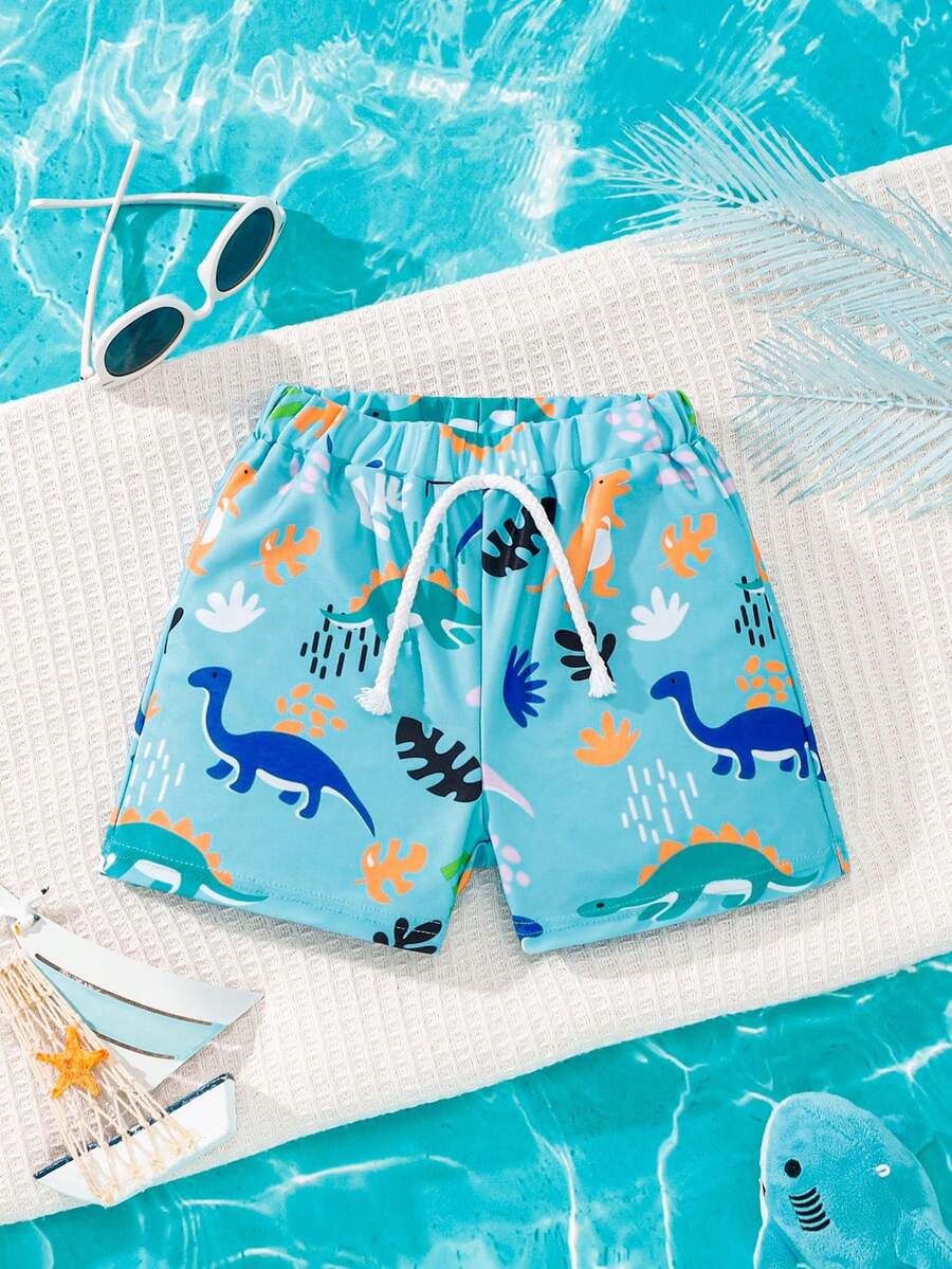 Toddler Boy Cartoon Dinosaur Printed Swim Trunks - Blue - View 1
