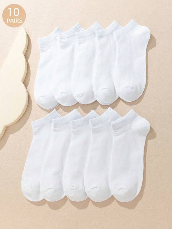 10 Pairs White Solid Color Casual Ankle Socks, Classic Plain Design Suitable For Men And Women, Comfortable Spring/Summer Wear, Versatile For Daily Outfit