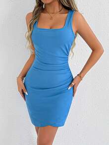 Robe camisole côtelée de couleur unie pour femmes, nouvelle robe midi décontractée d'été élégante avec encolure carrée sans manches et ourlet à volants croisés - Bleu azur - Voir 5