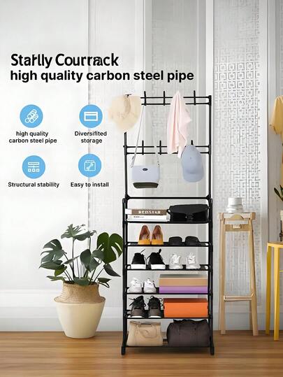 A Simple Multi-Layer Multifunctional Shoe Rack, Entrance Porch, Household Floor-Standing Clothes And Hat Hanger, Storage Shoe Cabinet, Clothes And Hat Rack, Multi-Layer Assembly Rack-Bold Clothes Rack-Bedroom Living Room Bag Rack-Indoor Assembly Shoe Rack-DIY Assembly Bedroom Dormitory Simple Shoe Cabinet Hanger-Free Combination Fashion Folding Storage