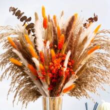 57pcs Boho Chic Artificial Pampas Grass Bouquet - Vibrant Spring Decor For Vases, Weddings, & Home - Includes Dried Flowers In White, Yellow, Orange & Brown - Perfect For Garden, Thanksgiving, Christmas, Easter, & More - No Battery Required, Flower Decorations