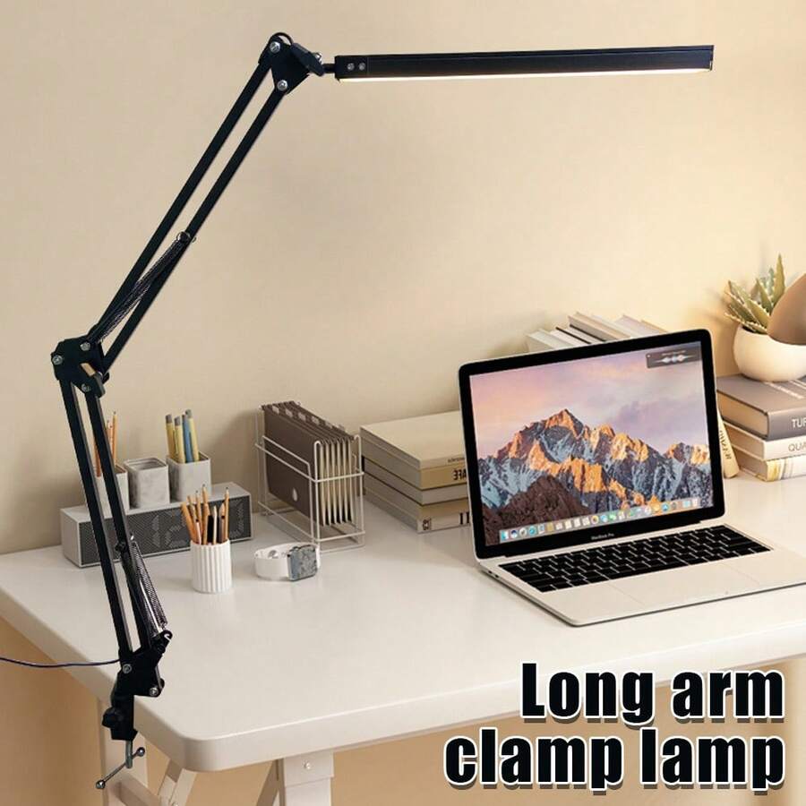 Hot LED Desk Lamp, Adjustable Swing Arm Lamp With Clamp, Eye-Caring Reading Light, 10 Brightness Levels, 3 Lighting Modes, Memory Function Lamps For Home Office Adapter - 黑色 - 查看 1