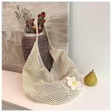 Hollow Knit Tote Bag, Large Capacity Women Handbag Beach Bag, Unlined, Polyester Fiber, Suitable For Summer Beach Leisure, Single Party Gift