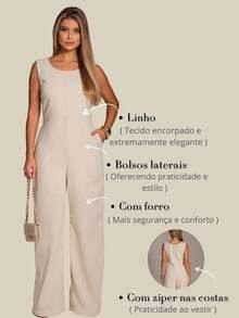 Elegant Linen Pantaloon Jumpsuit Wide Legs And Discreet Pockets - Beige - View 6