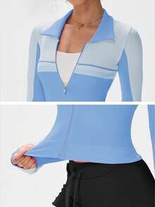 PinkTip 2025 Summer Seamless Yoga Sculpting Short Sleeve Jacket Tummy Control & Breathable Workout - Blue - View 4