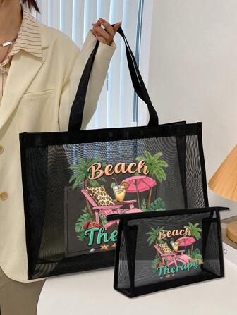Large Capacity Mesh Bag Set,With Beach, Coconut Trees Pattern Printed Mesh Bag,Mesh Beach Bag Tote Bag ,Mesh Cosmetic Storage Bag,Foldable Swim Large Capacity Beach Bag Waterproof Sandproof,Letter Decor Mesh Beach,Fashion Tote Bag