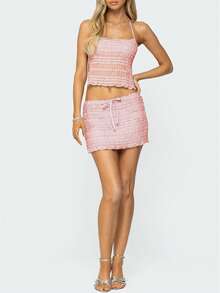 Conjunto de falda y top de verano para mujer, con top corto halter cuello moch sin espalda y falda mini acanalada, conjunto de vestido de fiesta, ropa de club y vestido de sol para vacaciones - Rosa - Ver 3