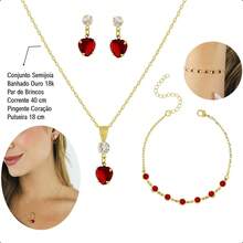18k Gold Plated Semi-Jewelry Kit - Set With Bracelet, Chain, Pendant And Heart Earrings - Đỏ - Xem 3