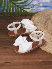 1 Pair White Girls Sandals, New Bowknot Princess Shoes, Elastic Band Design, Soft Bottom Casual Beach Shoes, Essential For Summer - Beige - View 2