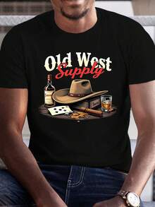 Cowboy Whiskey Old West Supply 180g Pure Cotton Men's Tshirt Comfort Fit - 黑色 - 查看 1