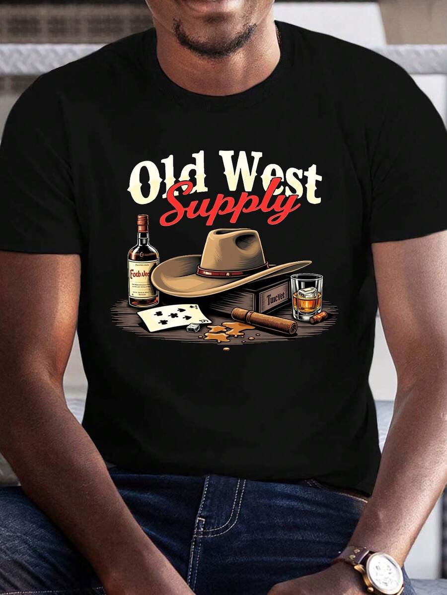 Cowboy Whiskey Old West Supply 180g Pure Cotton Men's Tshirt Comfort Fit - 黑色 - 查看 1