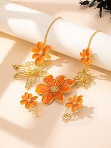 Set de 3 piezas de collar con colgante de flor esmaltada de metal elegante y juego de aretes, adecuado para atuendo diario y festivo de damas, regalo