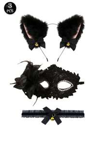 3pcs Sexy Black Cat Ear Lace Eye Mask Set, Women Lingerie Accessories