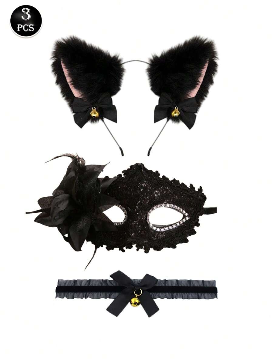 3pcs Sexy Black Cat Ear Lace Eye Mask Set, Women Lingerie Accessories
