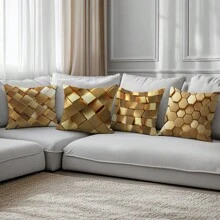 4pcs Simple Gold Geometric Cube Pattern Throw Pillow Covers, Soft Peach Skin Velvet Single Side Printed, 45*45CM Cushion Covers Suitable For Room Decoration, Indoor Sofa Living Room Decor, Party Decoration, Decorative Pillow Gift
