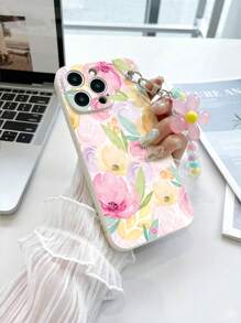 1 pieza Funda de teléfono a prueba de golpes con diseño de flores acuarela ditsy de TPU blanco y 1 pieza Pulsera con flores rosas y cuentas, compatible con iPhone 15 Pro Max, A14, A54, A52, A31 4G, A23, Redmi Note 8 Pro, Note 11 Pro 4G, Note 12 4G, OPPO A54