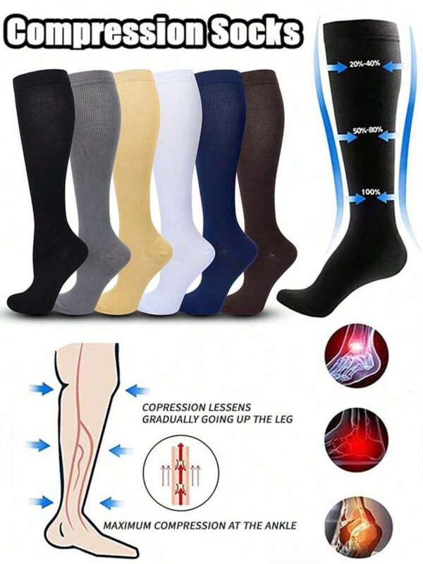 1/6 Pairs Women's & Men's Compression Socks 15-20 MmHg Knee High Stocking For Cycling Soccer Running Athletic Calf Socks