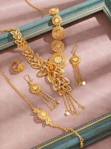 Set de 4 piezas de joyería de mujer estilo Dubai en color dorado, incluye collar de 24K, de aleación de cobre, joyería de estilo saudí