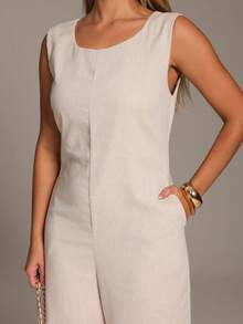 Elegant Linen Pantaloon Jumpsuit Wide Legs And Discreet Pockets - Beige - View 5