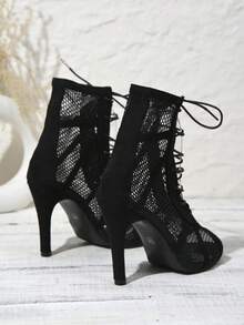 Women's New Fashionable Gorgeous Breathable Mesh Design Lace-Up Decor Open Toe Non-Slip Narrow Stiletto Heel Ankle Boots - Black - View 4